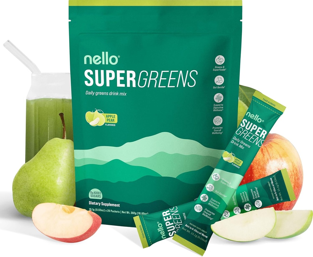 Nello Supergreens Superfood Drink Mix s Chlorella, Moringa, špenát, brokolica, tráviace enzýmy, a probiotiká 