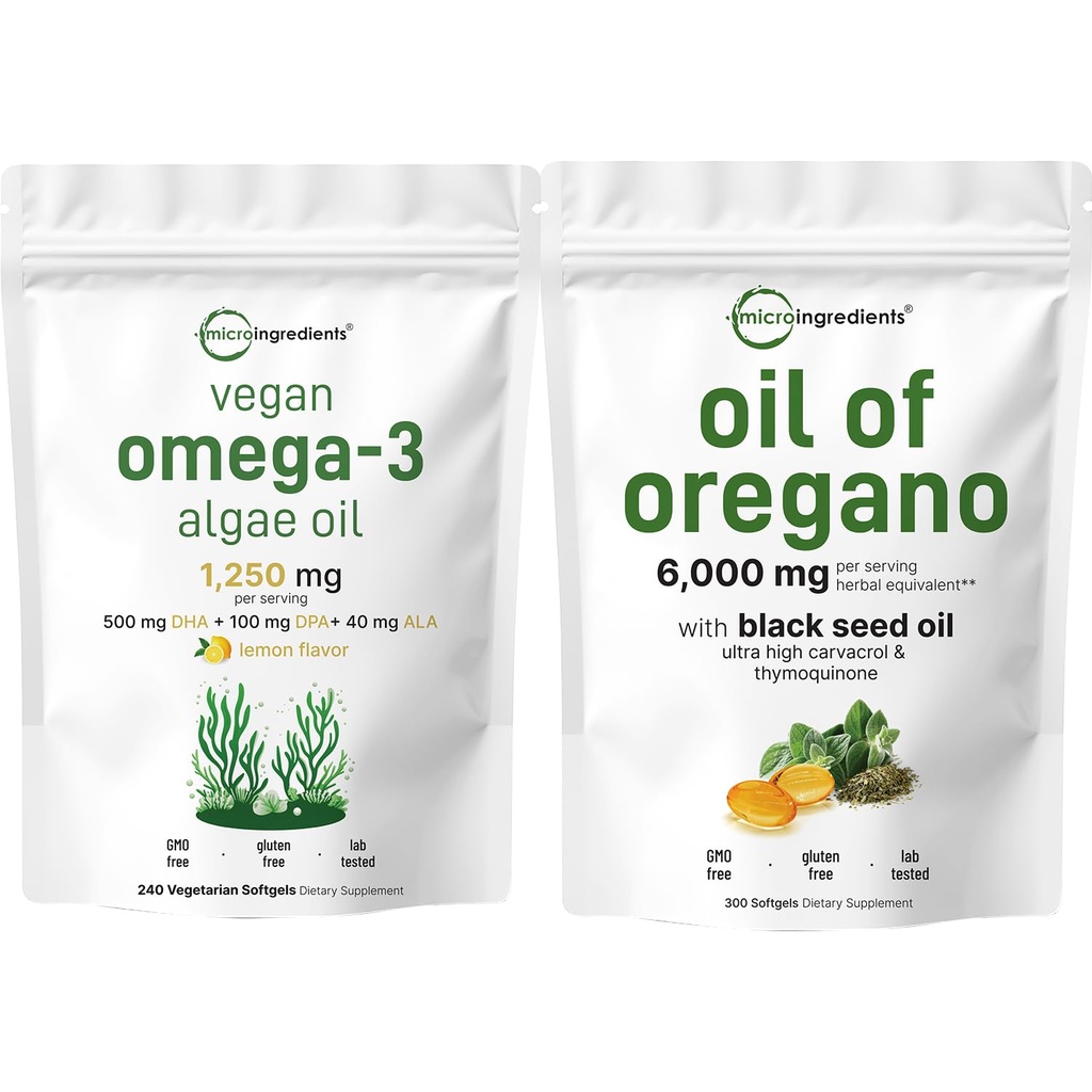 Micro Ingredients Oregano Softgels 300 Gróf & Vegan Omega 3 Algae Oil Supplement Bundle 2 Pack 