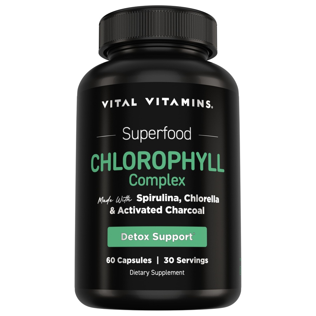 Vital Vitamíny Chlorofyl pilulky - Body Deodorizing Supplement - Vyrobené s Spirulina, Chlorella, Organický petržlen, Mäta, & Aktivovaný Charcoal - Defeat Odor Prirodzene - pre Ženy a mužov - 60 Kapsule
