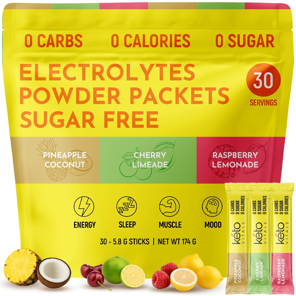 Keto Vitals Tropical Keto Electrolytes Powder No Cukor - Elektrolyty s draslíkom, horčíkom, sodíkom, & Vápnik - Bezcukrový Elektrolyt prášok Pakety Nápoj Mix a hydratačný prášok, 30 Servisov