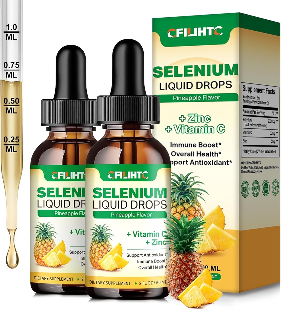 2 Pack Selenium Liquid Drops, 200mcg Liquid Selenium Supplement with Vitamin C & Zinc, Support for Immune System, Antioxidant & Heart Health, High Absorption, Pineapple Flavor