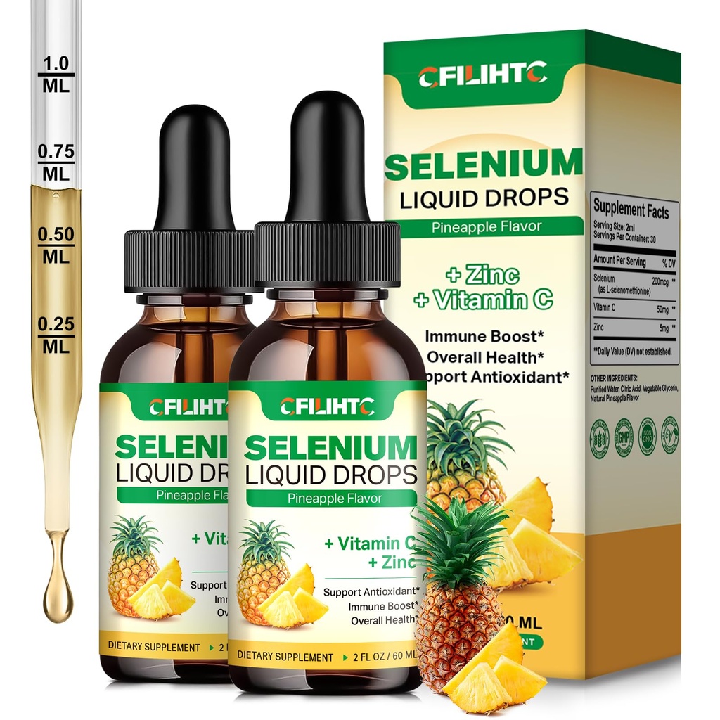 2 balenie selén tekuté kvapky, 200 μg tekuté selén doplnok s vitamínom C a zinok, podpora imunitného systému, Antioxidant a zdravie srdca, vysoká absorpcia, ananásová aróma