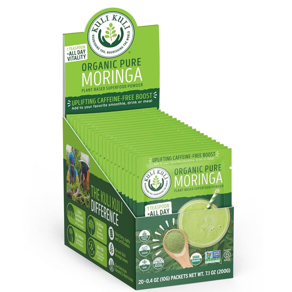 Kuli Kuli Moringa Oleifera Organic Leaf Powder & Green Smoothie, 100% Pure USDA Certified & Non-GMO Moringa Powder, Great with Smoothies, Tea, and Food, 0,4 Ounce, balenie 20 (KK PM)