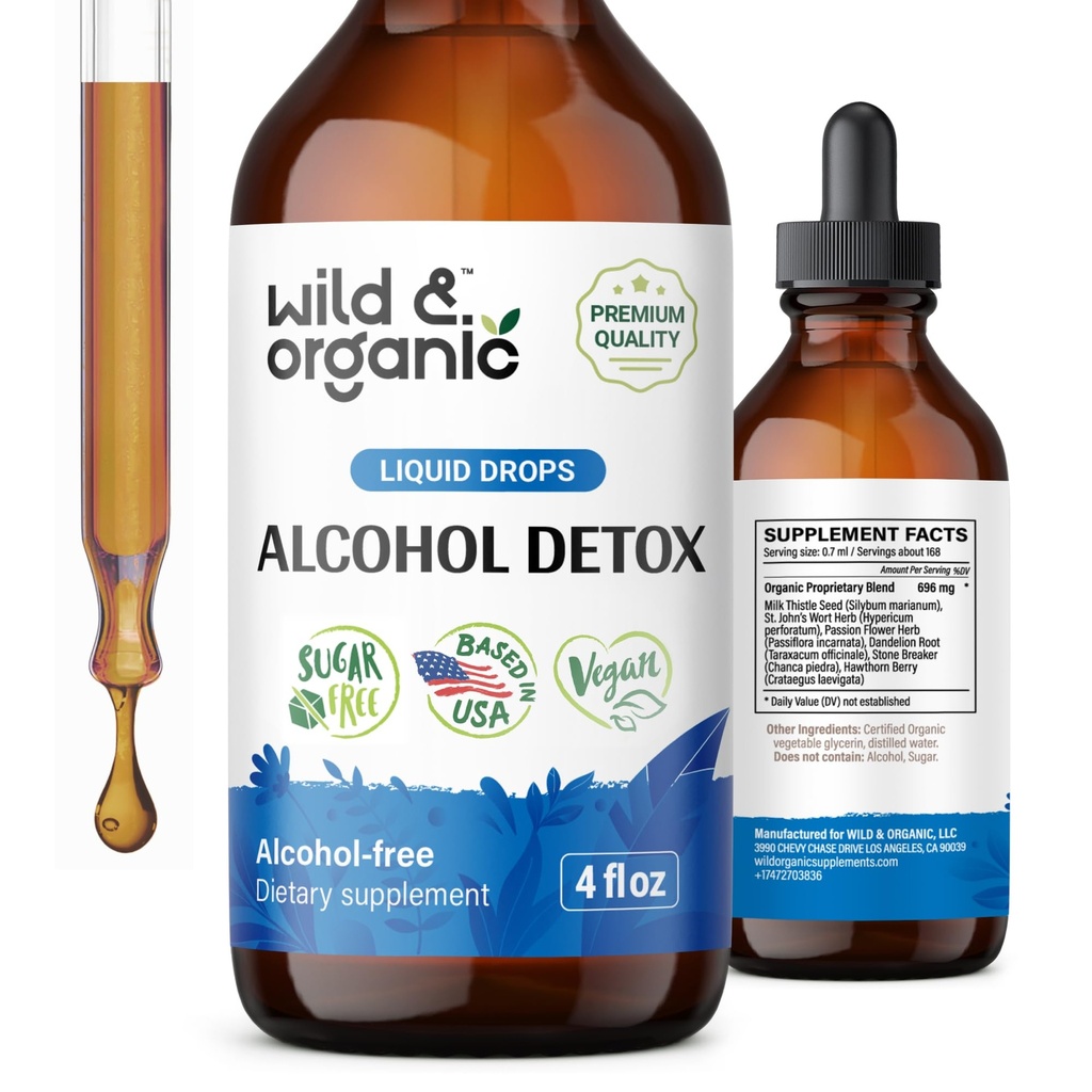 Divoký a organický alkohol Detox kvapky - Pečeň a obličky Čistiť s mliekom bodka, Chanca Piedra Kameň Breaker - Anti Alkohol komplex pre čistenie pečene Detox - Vegan, bez cukru a prísad - 4 fl oz