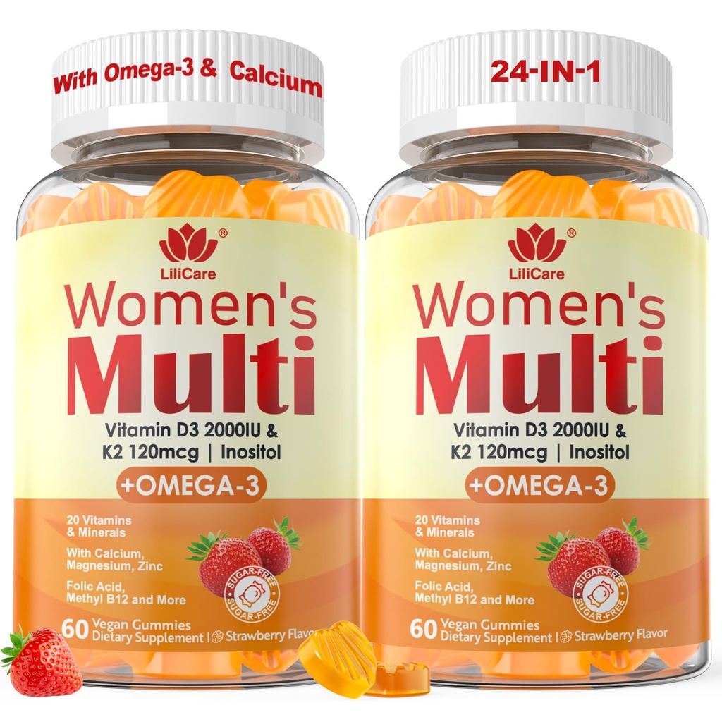 Ženy Multivitamínové Gummy s Omega 3 (DHA/EPA), vitamín D3 K2, vápnik, inozitol, denné ženy Vitamín A C E B komplex, L-metylfolát, metyl B12, bezsugarové Metylované multivitamíny Minerály, 120Cts
