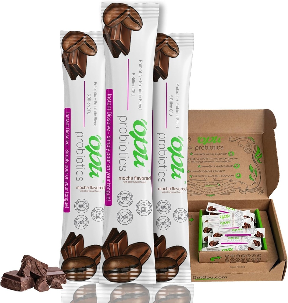 'Opu Probiotiká Mocha Instant-Disolve - Jeden mesiac Supply - 5 miliárd CFU's - Muži, ženy a deti w/Prebiotiká Bez cukru, bez lepku, Non GMO