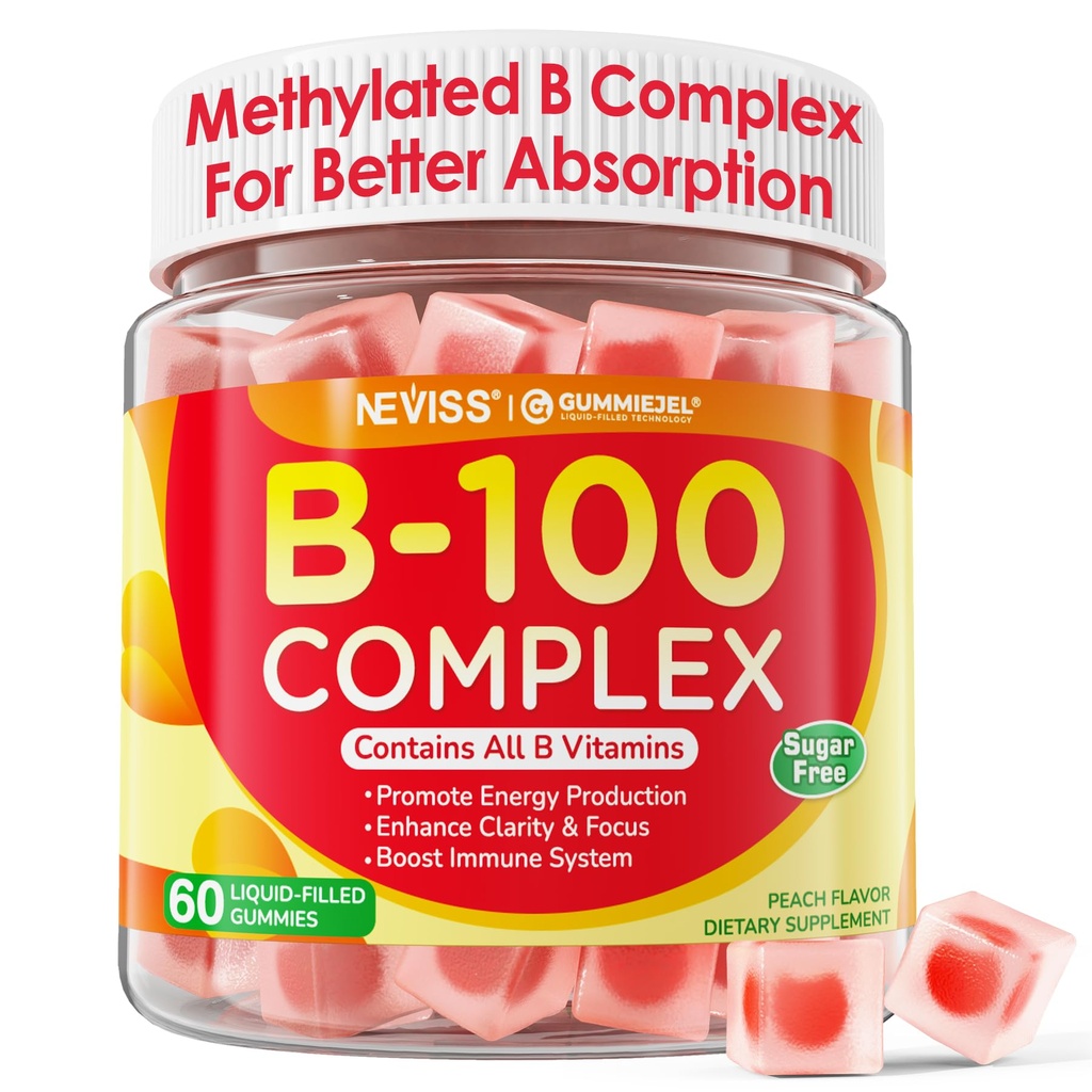 Super vitamín B komplex Gummies - všetky B vitamíny vrátane metyl B12, B1, B2, B3, B5, B6, biotín, metylfolát s vitamínom C, cholín, inozitol, PABA pre energiu, mozgová a imunitná podpora, bez cukru