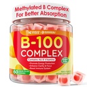 Super vitamín B komplex Gummies - všetky B vitamíny vrátane metyl B12, B1, B2, B3, B5, B6, biotín, metylfolát s vitamínom C, cholín, inozitol, PABA pre energiu, mozgová a imunitná podpora, bez cukru