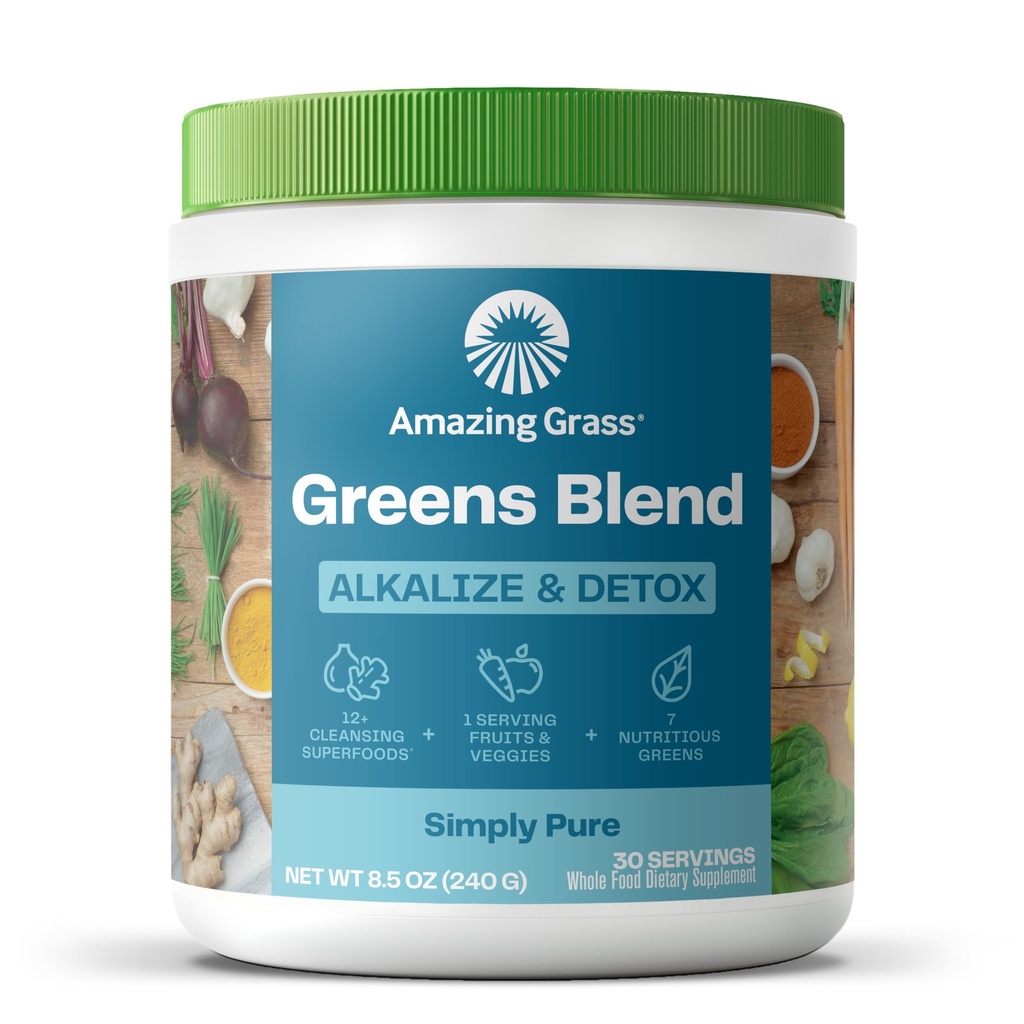 Amazing Grass Greens Blend Alkalize & Detox: Smoothie Mix, Očistite Super Greens & Repee Root prášok, Tráviace enzýmy, Prebiotiká a probiotiká, 30 Servings (Packaging May Vary)