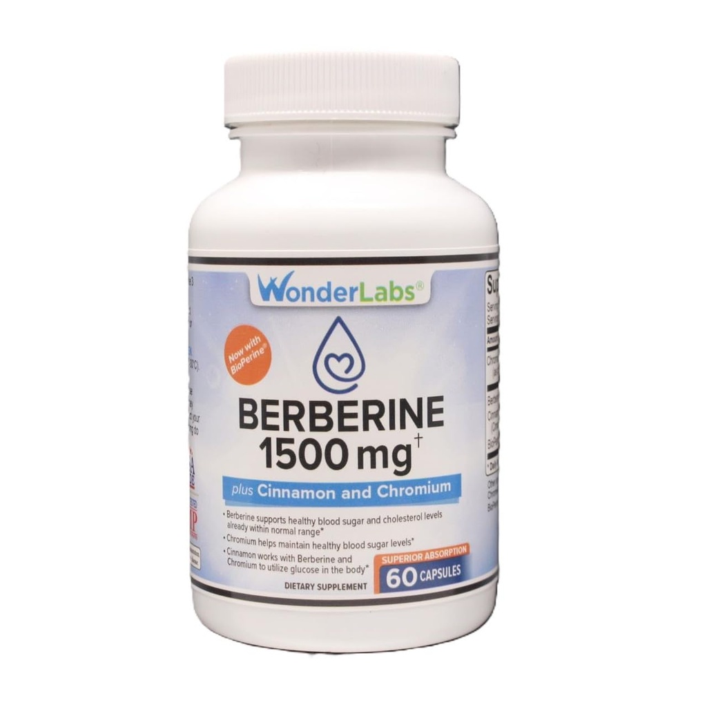 Wonder Laboratories Berberine HCL 1500mg + Škorica, Chróm, & Bioperine Údržba pre Glukóza, Heart & Imunitný systém Zdravie Gluten & GMO Bez cla - 60 Kapsule