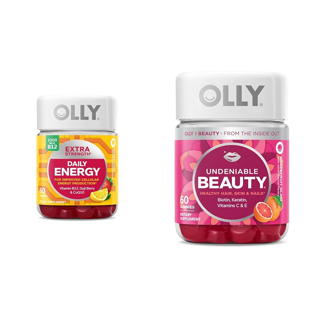 OLLY Extra sila Denná energia Gummy, kofeín Bez, 1000 μg Vitamín B12, CoQ10, Goji Berry & Neodpustiteľné Gummy, pre vlasy, koža, nechty, biotín, vitamín C, keratín, žuvacie doplnky