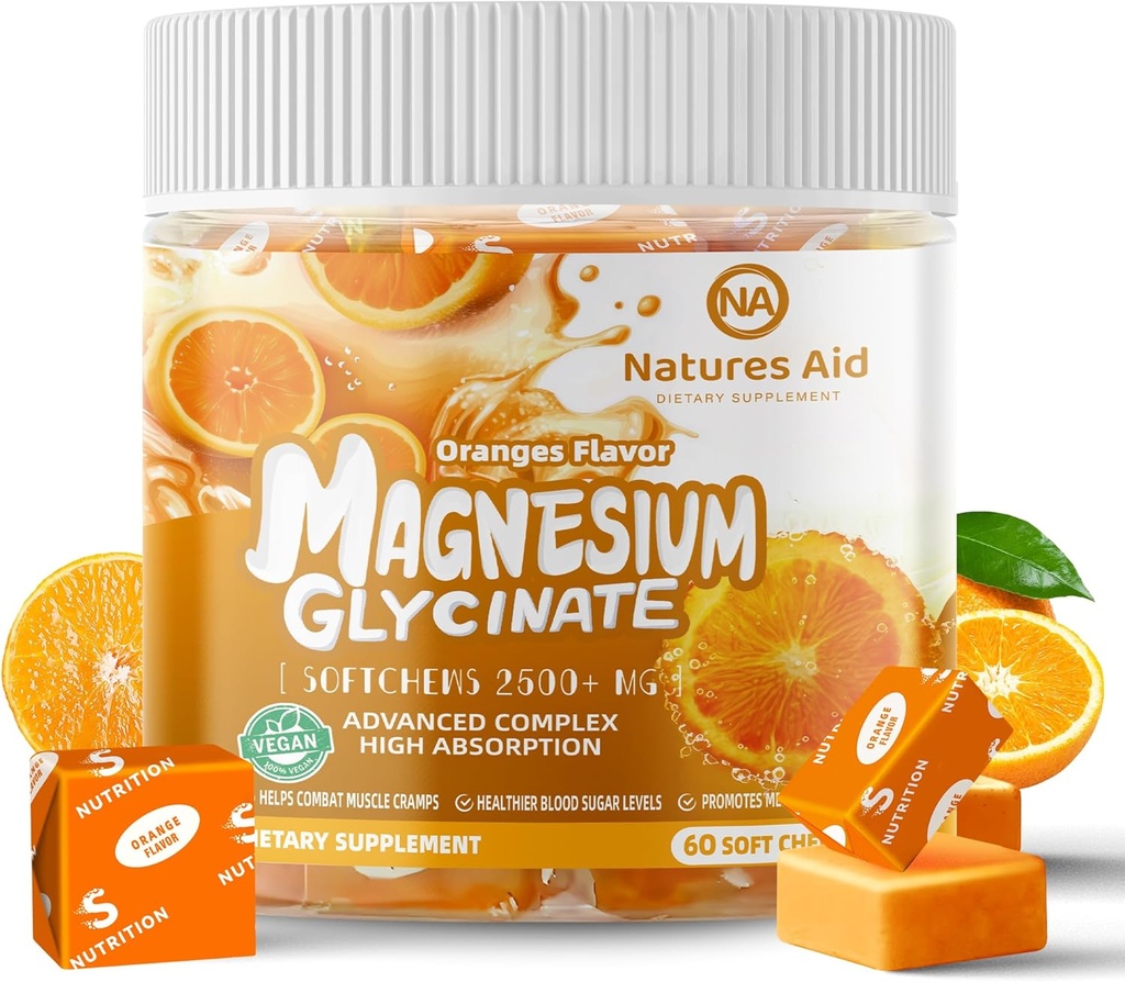 Magnézium Glycinate Soft Chews Supplement,Chewable Sugar Free Drasel Magnézium Chews with Magnézium Glycinát, Vitamín D, B6 a CoQ10 for Calm Support & Sleep for Adults,60 Days Supply-Orange