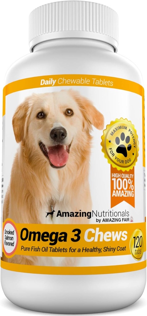 Úžasný Omega 3 pre psy - Omega 3 Rybí olej pre psy Supplement for Ichy Skin Relief for Dry Skin and Hot Spots and Shedding Coat with EPA and DHA Mastné kyseliny - 120 Salmon Flavor Chews
