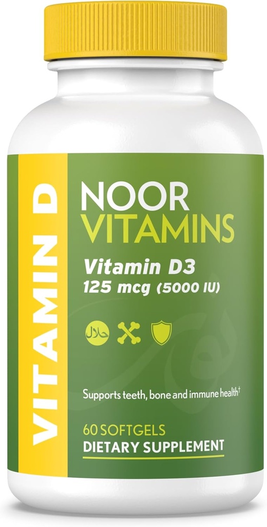Noor Vitamíny Halal Vitamín D, Halal Vitamín D3, 5000 IU Softgels, podporuje kosti, Immune & Heart Health, od požltového oleja na maximalizáciu absorpcie, non-GMO, Gluten Free & Halal (60 počet)...