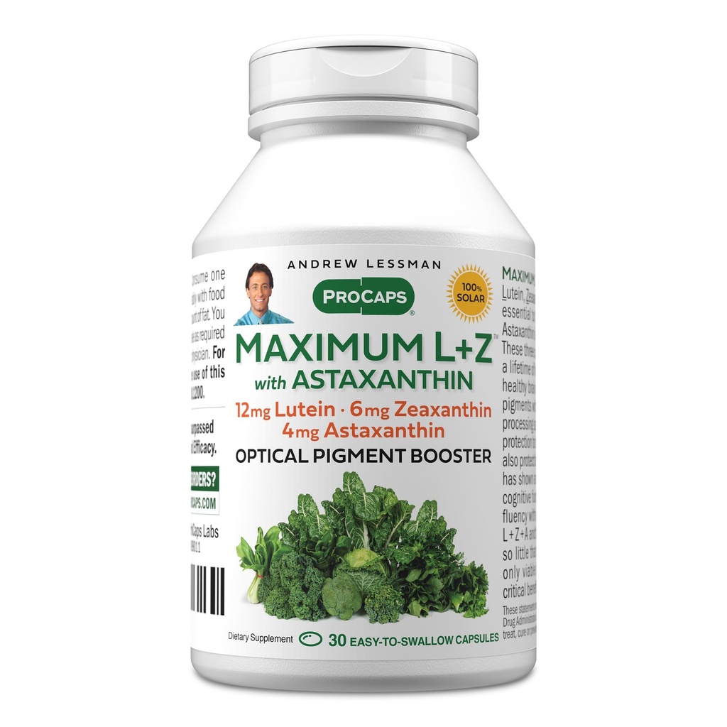 ANDREW LESSMAN Maximum L+Z s astaxantínom 30 Softgels - 12mg lutein, 6mg Zeaxantin, 4mg Astaxantin. Kľúčové živiny na podporu zdravia očí a mozgu a podporu zdravého videnia.