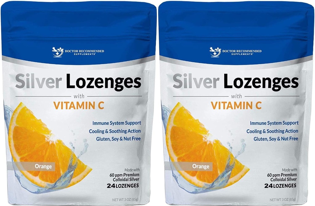 Silver Lozenges s vitamínom C - Premium Nano Silver 60 PPM Koloidné striebro, organický med a vitamín C Minerálne kvapky na podporu imunitného systému, Soothe Cough & Throat - balenie po 2