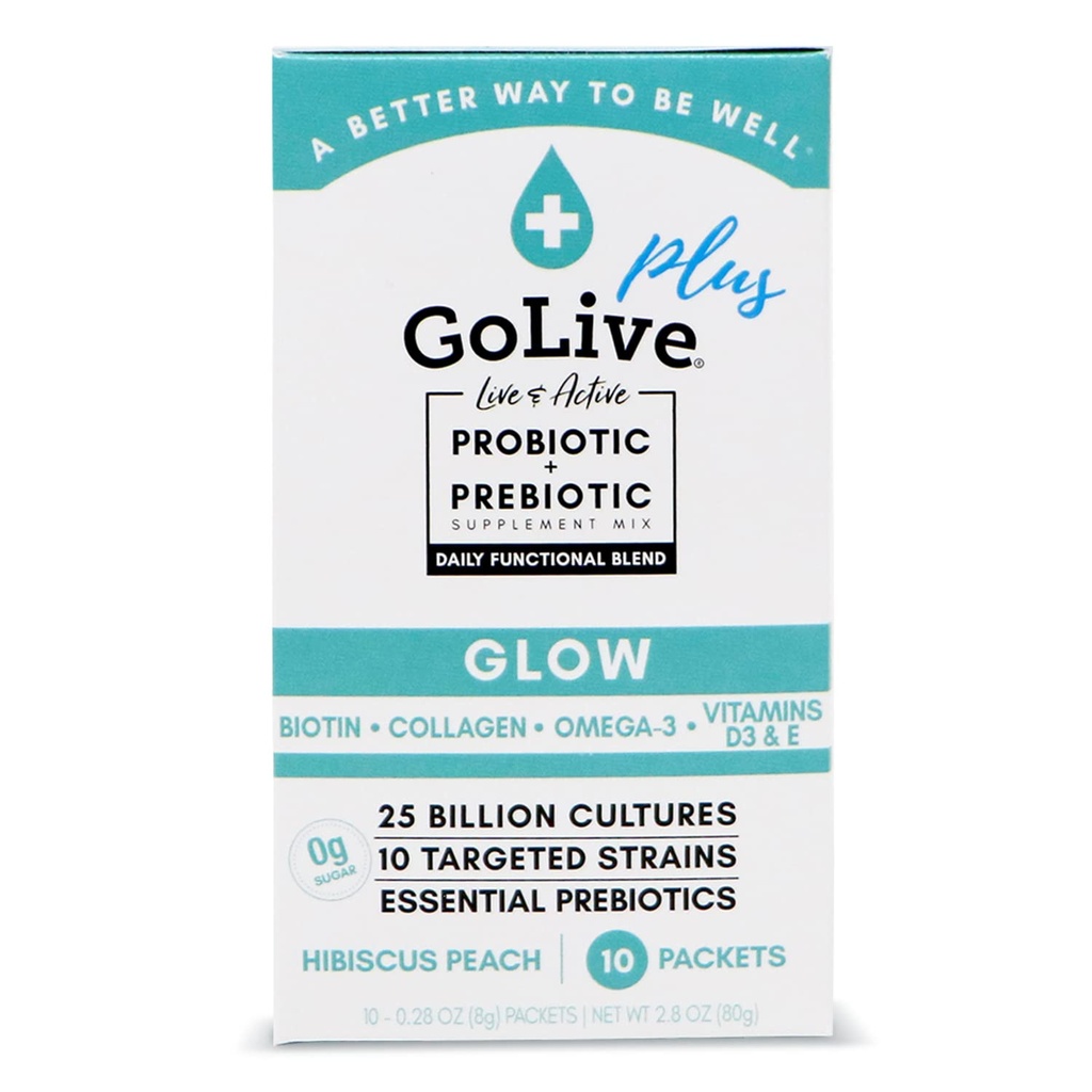 GoLive Probiotiká a prebiotiká pre ženy a mužov Glow for Beauty, Sugar-free Synbiotic Powder. +25 Bllion CFUs; 10 Klinické kmene pre zdravé, Immune & Digestive Health, 10 Počet (Pack of 1)