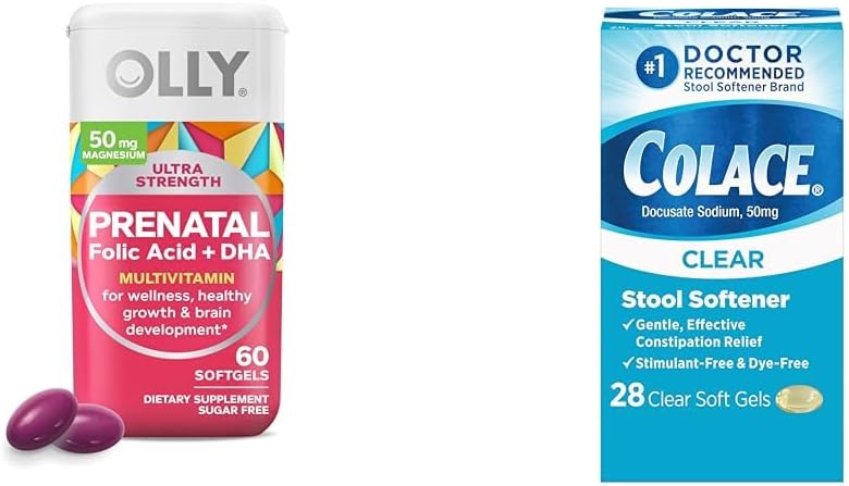 OLLY Ultra Strength Prenatal Multivitamin Softgels with Brain Development Support + Colace Clear Stool Softener Capsules, 28 Count