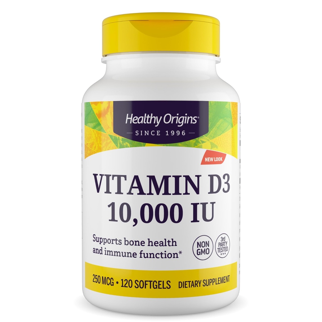 Zdravý pôvod Vitamín D3 10 000 IU (Non- GMO, vysoká potencia, podpora kostí, imunitná podpora, bezlepok), 120 softgelov
