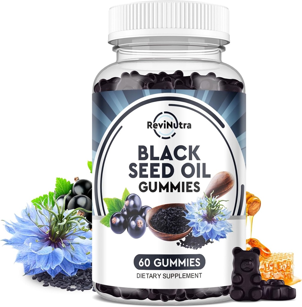 Black Seed Oil Gummies-Organic Cold lisovaný Nigella Sativa Black Seed Oil s medom, vitamín B6, C, D3, Turmerica, granátové jablko, Podporná imunita, Zažívanie, Mozog funkcie, vlasy & koža-60 Gummy