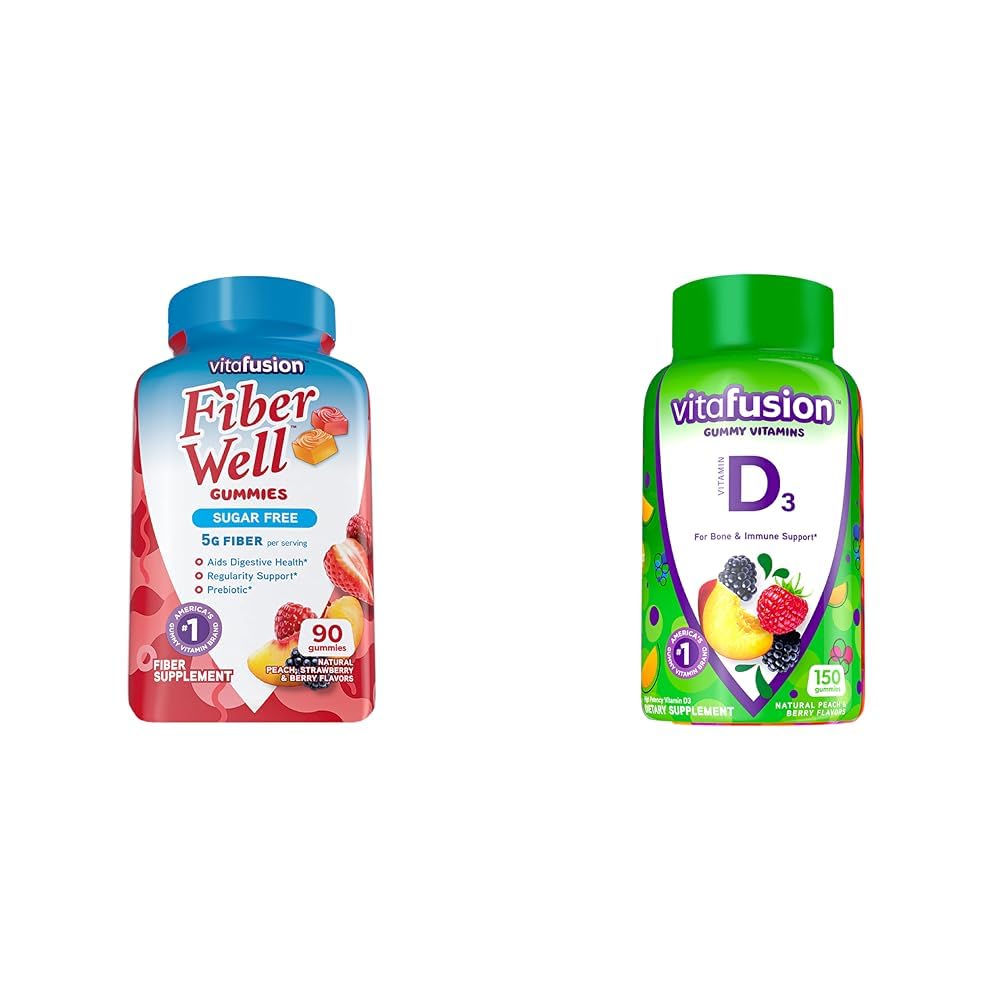 Vitafusion Fiber Well Sugar Free Fiber Supplement & Vitamin D3 Gummy Vitamíny pre kosti a imunitný systém Podpora, Peach, Blackberry a jahody Ochutené, 50 mcg Vitamín D, 75 Day Supply, 150 Počet