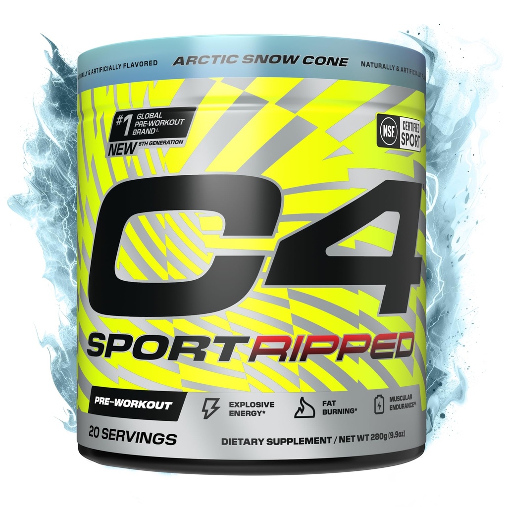 Cellucor C4 Ripped Sport Pre Cvičenie Powder - NSF Certified for Sport - 200mg Caffeine + Cayenne Extract + Carnitin Tartrate + Beta-Alanine - Artic Snow Cone, 20 Servings