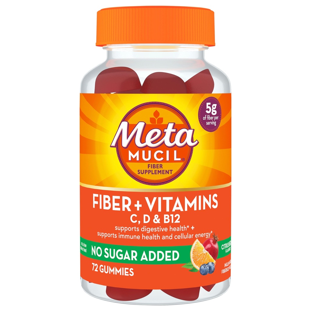 Metamucil Fiber Supplement 72 Gummies, Fiber + Vitamíny C,D & B12 žiadny cukor Pridané, Podpora Tráviace liečiť + Podpora Immune Health, Citrus Berry Flavor.