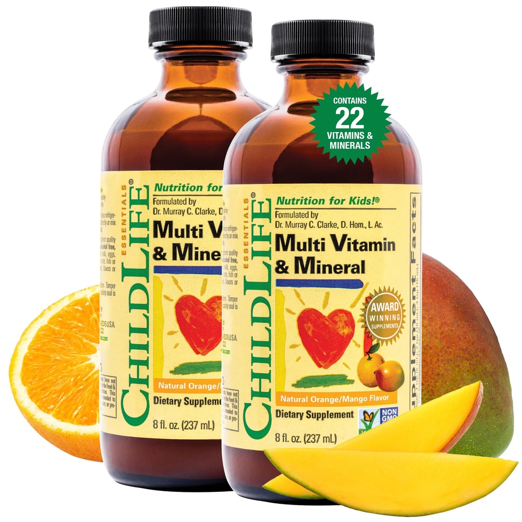 CHILDLIFE Essentials Detské multivitamíny a minerály - vitamíny pre deti, tekutý multivitamín pre batoľa a dieťa - prírodná pomaranč a mango, 8 Fl Oz (balenie 2)
