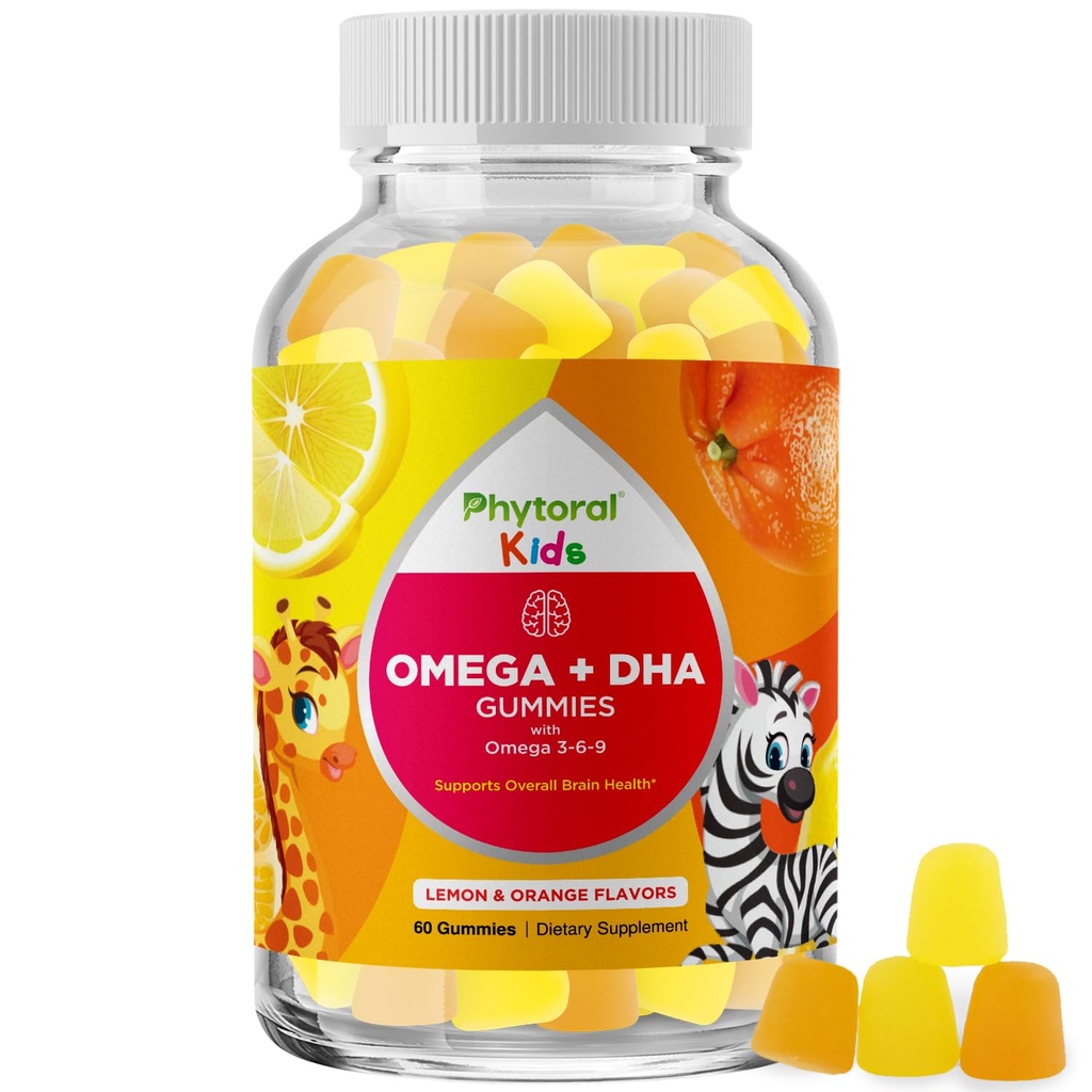 Deti Omega a DHA Gummy - Mastné kyseliny Omega 3 6 9 s vitamínom C pre zrak - Výživná DHA pre deti pre zdravý nervový systém a podporu zaostrovania - Ryby bez - 60 Počet