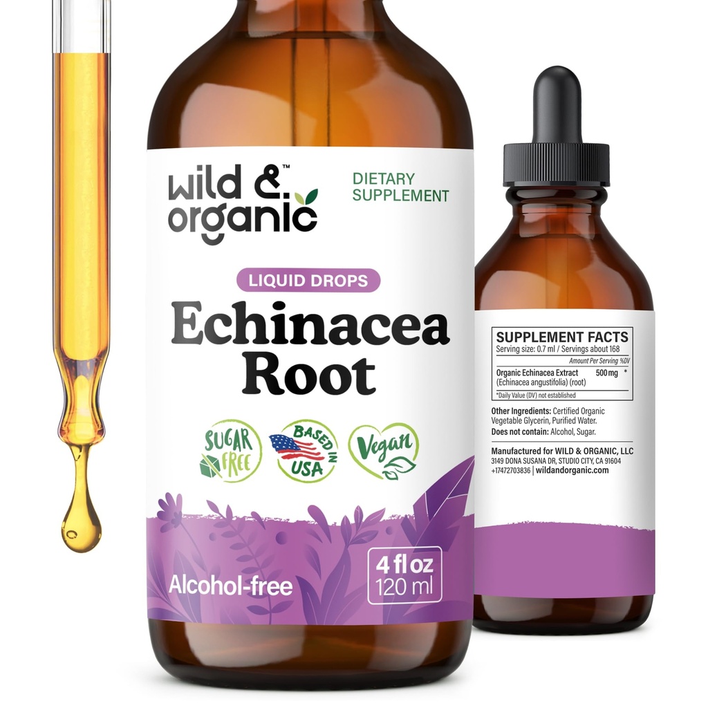 Wild & Organic Echinacea Drops - Imunitná podpora Supplement with Echinacea Angustifolia - Liquid Root Extract Tinture - Vegan, Cukor a alkohol-free - 4 fl oz