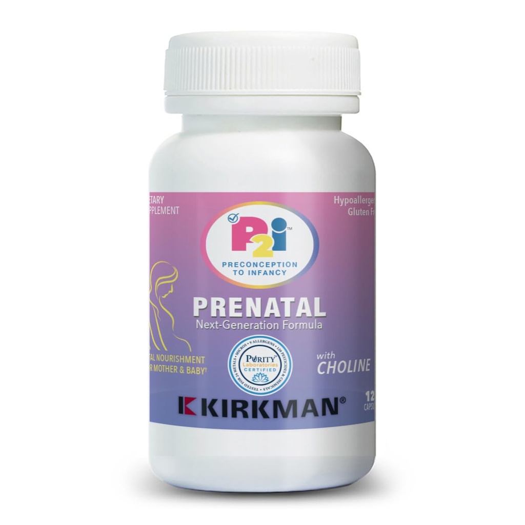 Kirkman P2i prenatálne vitamíny pre ženy, multivitamín s cholínom, 120 kapsúl, Vital Daily Nutritional Support for Healthy Mother & Baby, OBGYN Formulated & Endorsed, Hypoalergenic & Gluten-free