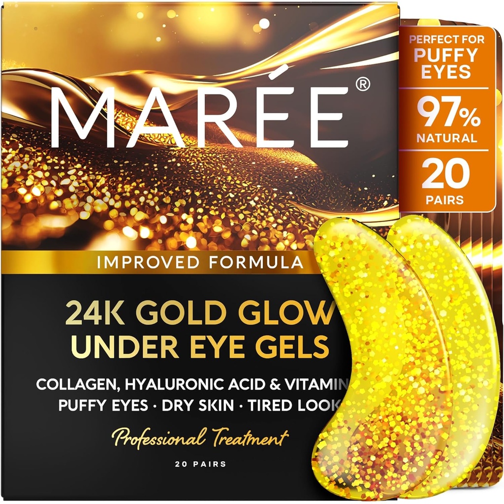 MAREE 24k Gold pod očami gély pre tmavé kruhy a opuchy - Kolagén a kyselina hyaluronová Gél Pads - Gold Eye Patches pre opuchnuté oči a tmavé kruhy - Pod očné masky - Cestovanie Essential