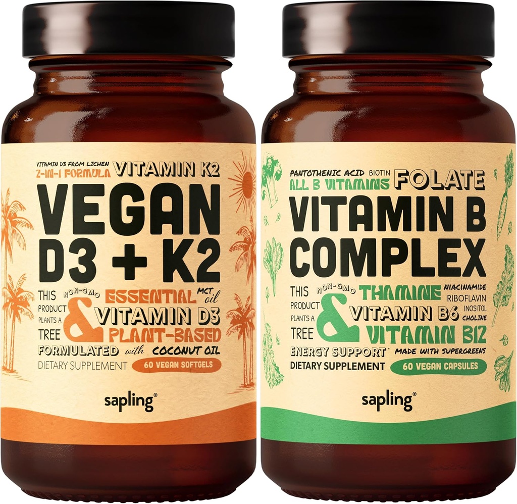 sapling Vegánsky vitamín D3 + K2 & vitamín B komplex B prášok - 4000 IU vitamín D3 a 100 μg vitamín K2 ako Mk7, esenciálne B vitamíny s celým potravinárskym mixom, B1, B2, B3, B5, B6, B7, folát