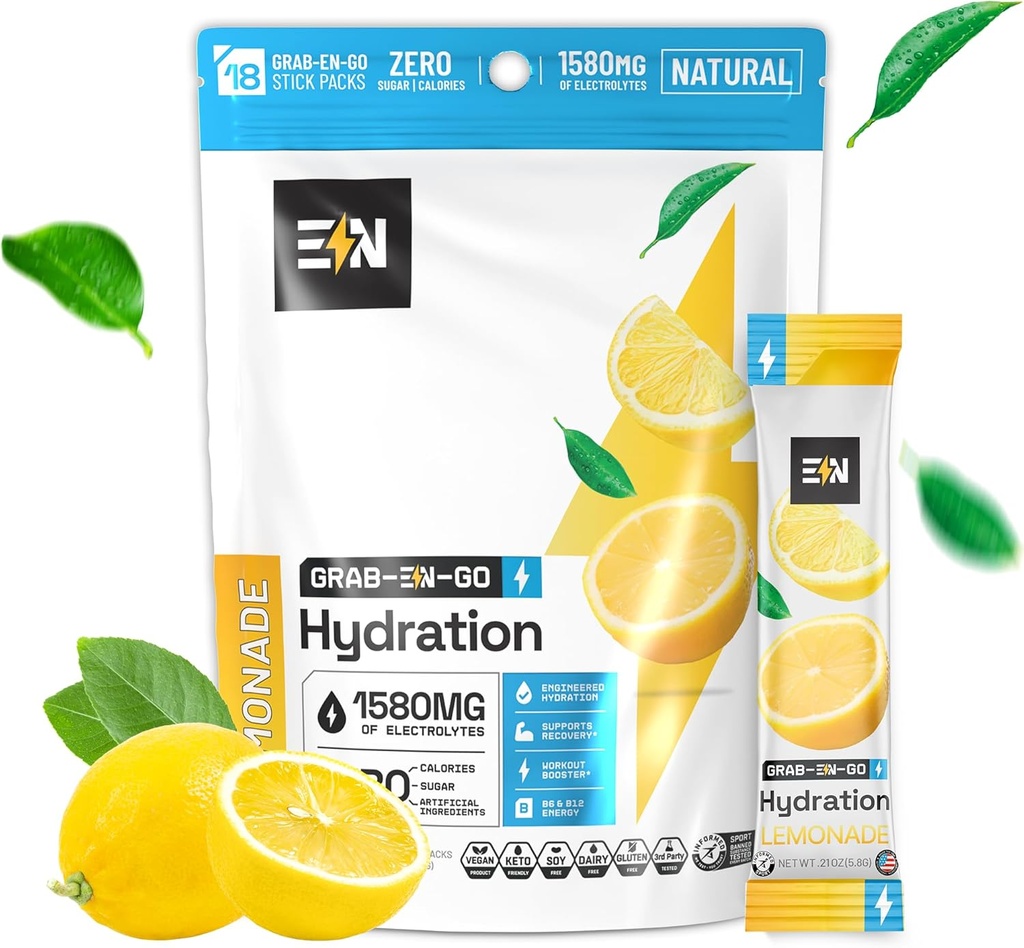 Engineed Nutrition Electrolyte Powder Pakets - Lemonade Flavor - Keto Hydration Pakets w/Magnesium, Draslík a sodík - Zero Calorie, Vegan, Non-GMO, Gluten-Free - 18 Single Servings