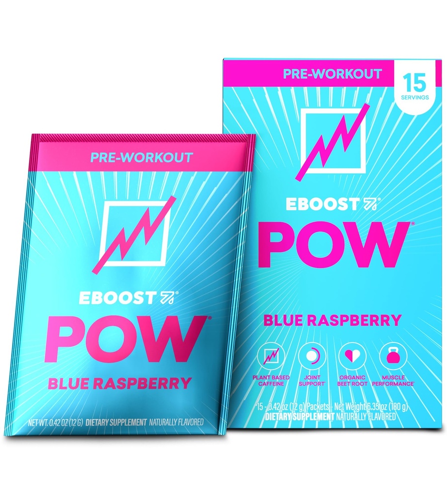 EBOOST POW Natural Pre Cvičenie Powder - 15 paketov, Modrá Malina - Preworkout Energy Booster Gym Supplement Drink Mix pre mužov a ženy - Výkon, Spoločná podpora mobility - Bezlepok