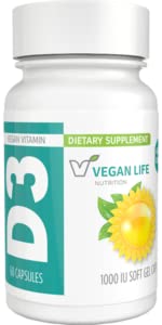 Vegan Life Nutrition - Vitamín D3 Daily Kapsule pre dospelých (1000 IU) - Bezlepkové, GMO, podporuje zdravie kostí a imunitný systém - 60 kapsúl