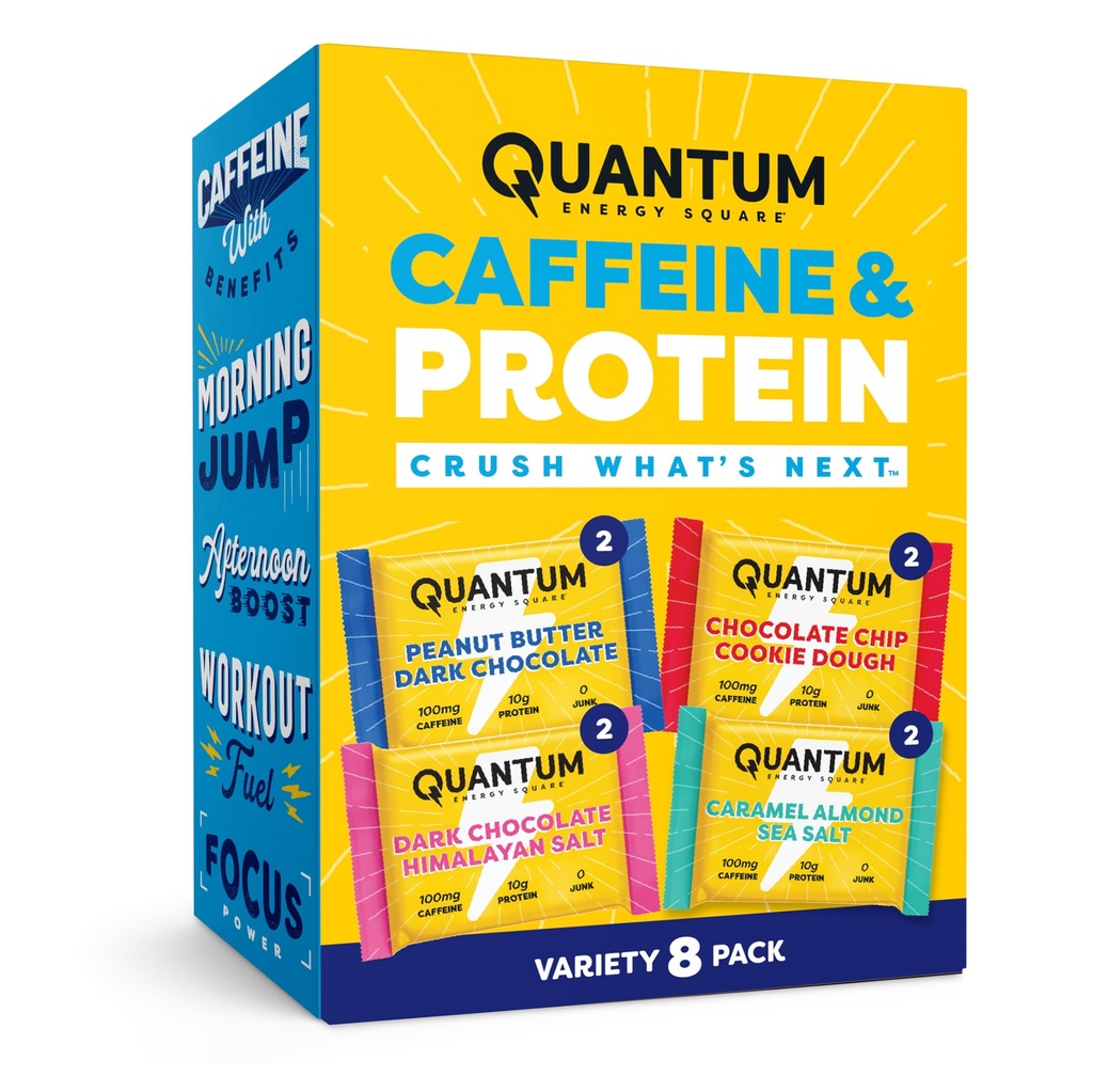 Quantum Energy Square: Energy Bar s kofeínom & 10g Protein. Delicious Healthy Snack On The Go. (Vegan, Gluten-free, Soy-free, Dairy-free) (Variety 8-Pack)