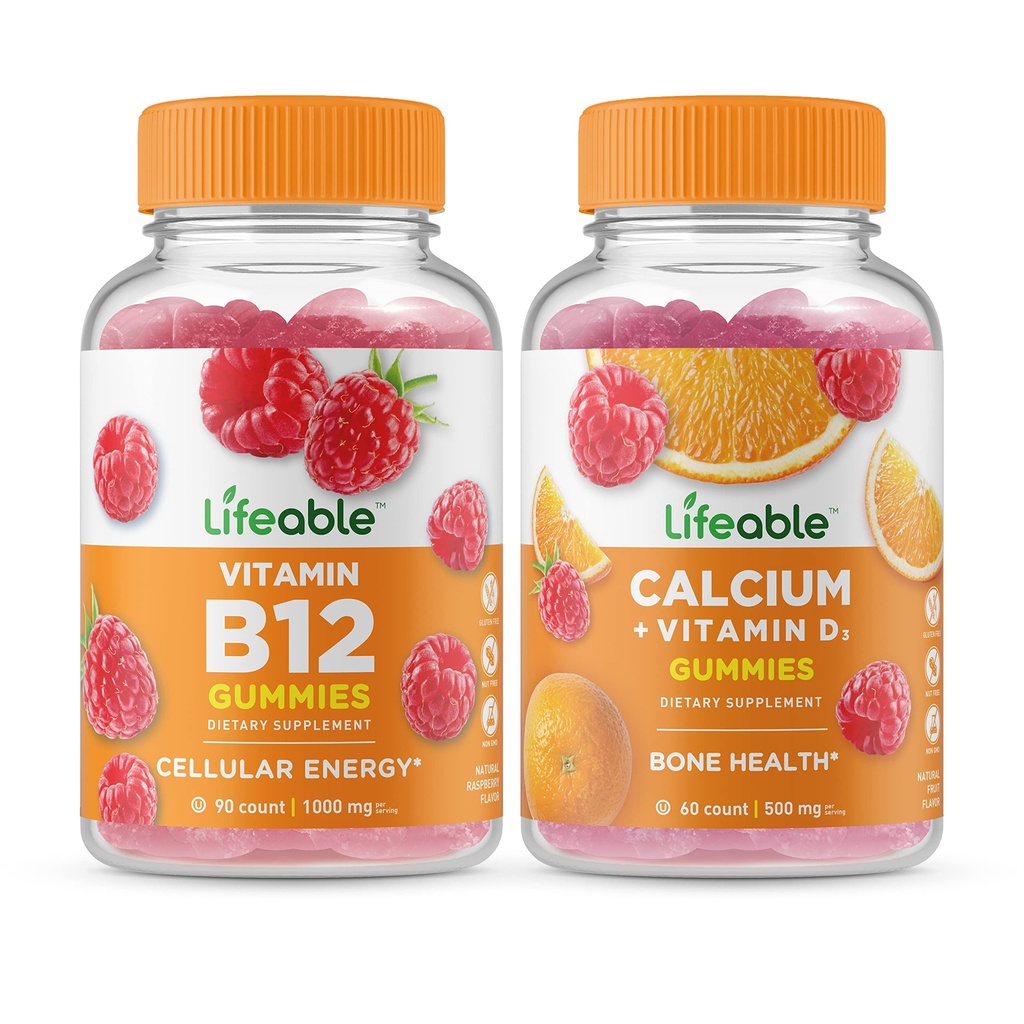 Životaschopný vitamín B12 + vápnik s vitamínom D, Gummies Bundle - veľké ochutnávky, vitamínové doplnky, bez lepidla, bez GMO, žuvacie