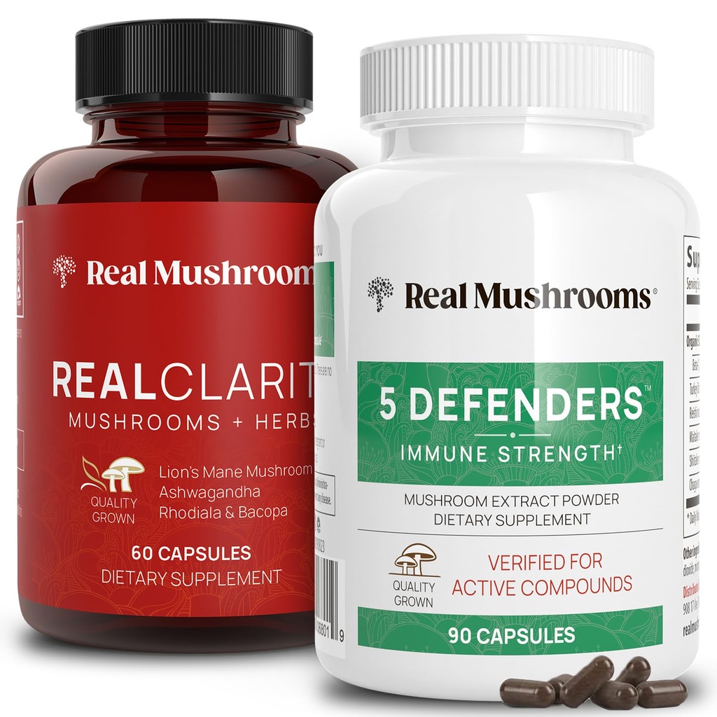 Real Huby RealClaire (60ct) a 5 Defenders (90ct) Kapsule Bundle - Huba Supplement for Mental Clarity, Focus & Immune Strength - Vegan, Non-GMO, Overené úrovne Beta-Glucans