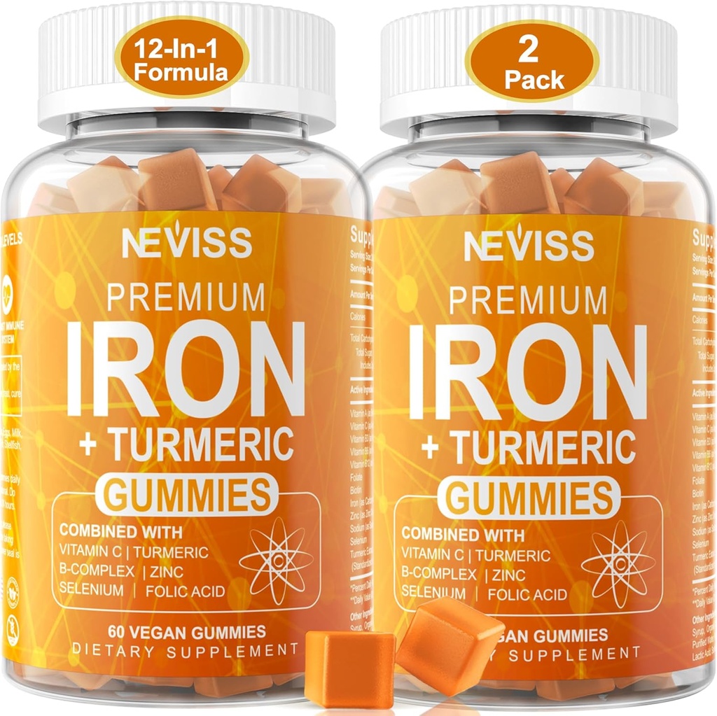Železo Gummy + Turmérium 600mg pre ženy Muži, Železo Supplement with Multivitamíns C, A, B- Complex, Folát, Zinok pre nedostatok železa, Anémia a energia, Jemné, Nekonstipačné, Žuvacie, Vegan, 2 balenie