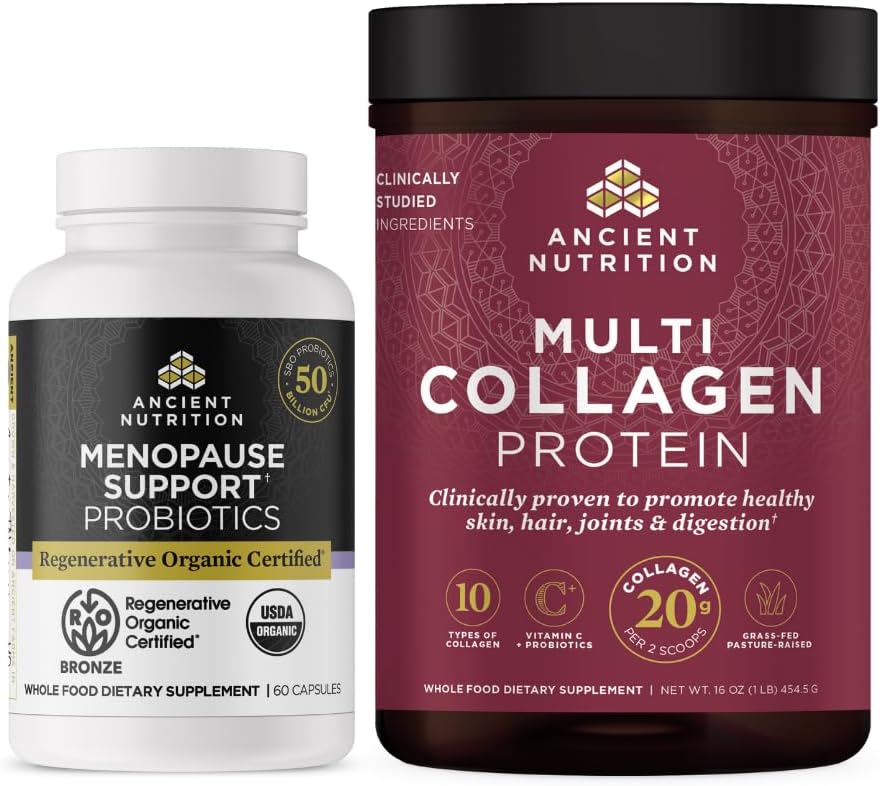 Staroveká výživa regeneratívne organické Certified Probiotiká pre menopauzu, 60 Počet + Multi kolagén Protein Powder Neochutené, 45 Servisov