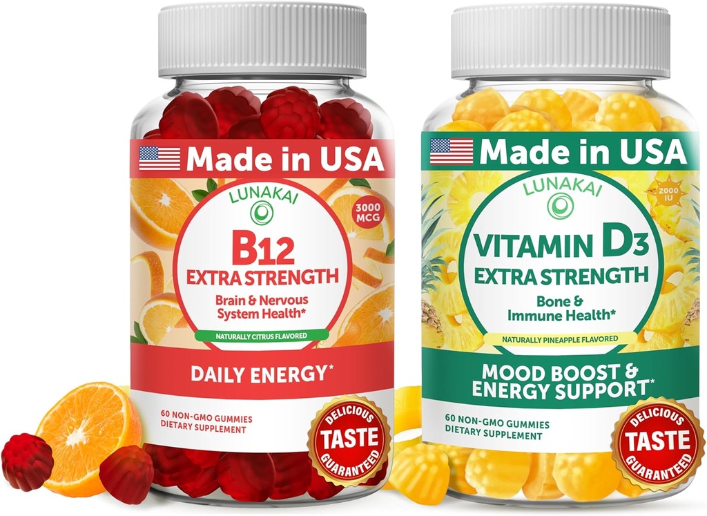 Lunakai vitamín B12 a vitamín D3 Gummy Bundle - 3000 mcg B12 a 25 mcg 1000 UI VIT D3 - bezlepkové, bez kukuričné sirupy, organické, bez GMO, bez želatíny na rastlinnej báze