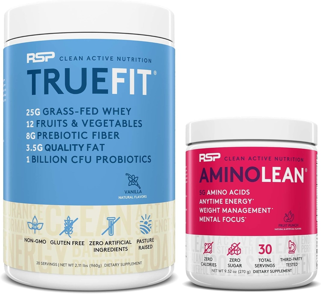 RSP NUTRITION AminoLean pre cvičenie energie (Ovocie Punch 30 Slúži) s TrueFit Protein prášok (Vanilla 2 LB)