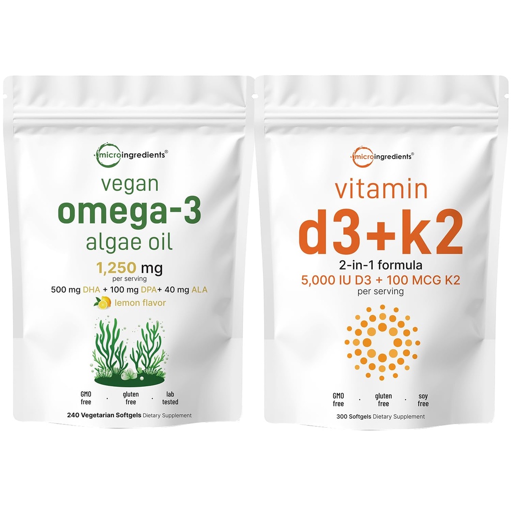 Micro Ingrediencie Vitamín D3 5,000iu + K2 100mcg Softgels & Vegan Omega 3 Algae Oil Supplement Bundle 2 Pack 