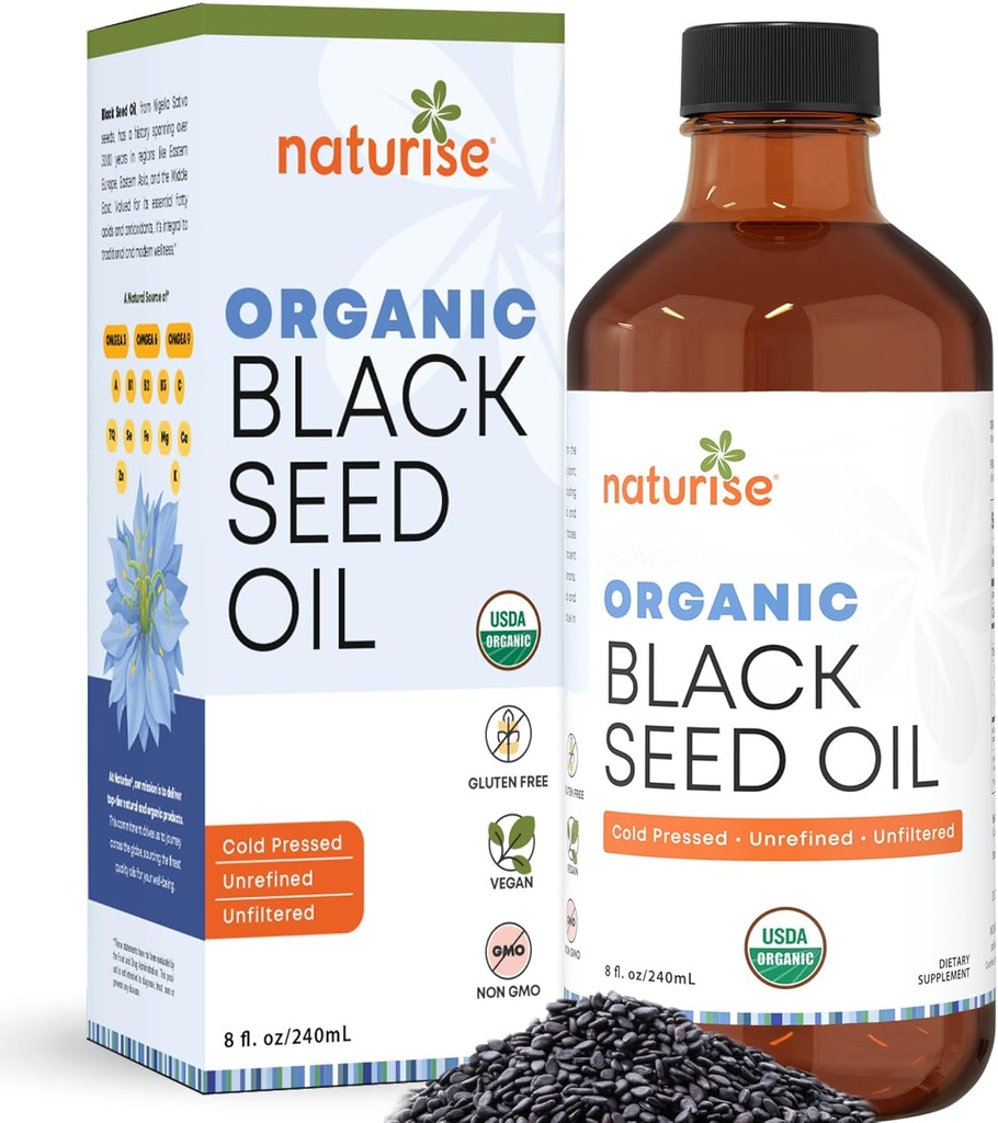 Organic Black Seed Oil (Nigella Sativa, Cumin Seed) Cold Pressed Non-GMO, 8 oz Glass Bottle Zdroj esenciálnych mastných kyselín, Omega 3 6 9"
