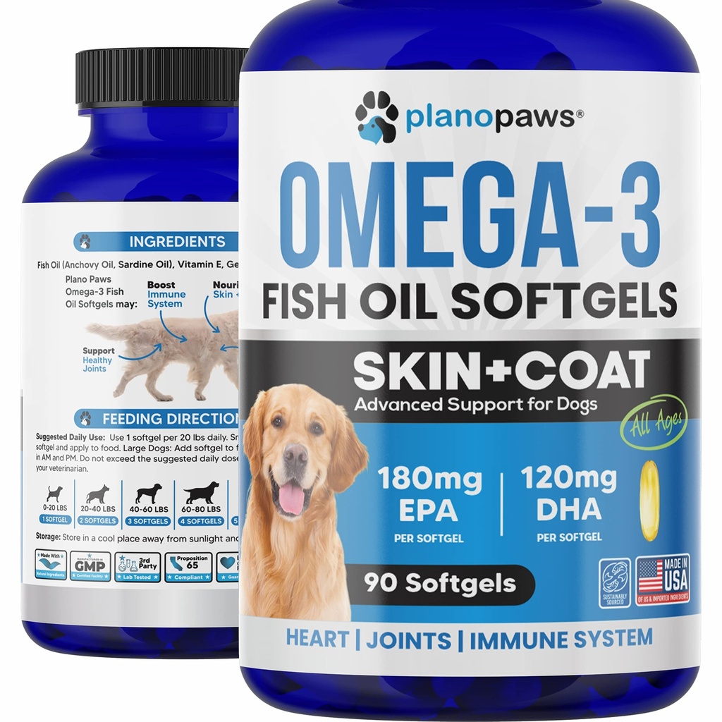 Omega 3 Rybí olej pre psy - Lososový olej pre psy - Psie rybí olej doplnok môže pomôcť Shedding, Alergie, Svrbenie Relief - podporuje suchú pokožku, kĺby - Psie kože a kože doplnok - 90 Rybí olej tabletky EPA DHA