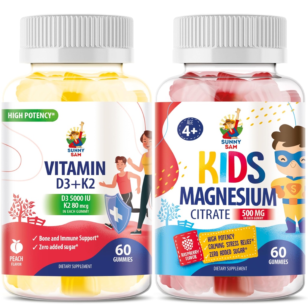 Magnézium Gummy pre deti a vitamín D3 K2 Gummy 5000 IU - Immune & Bone Support - bezcukrový vitamín D Gummy doplnok - High-Absorption, Vegan, Gluten-Free Gummies pre dospelých