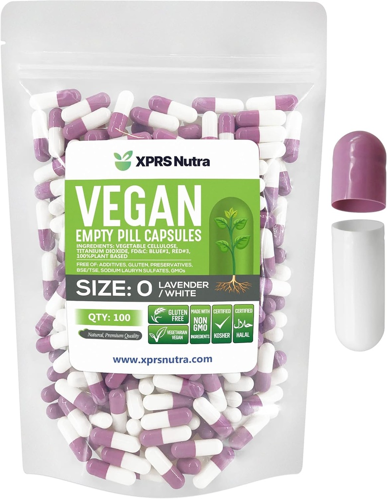 XPRS Nutra Veľkosť 0 prázdne kapsule - 100 Počet prázdnych vegánskych kapsúl - Vegetariánske pilulky DIY Rastlinné kapsule Plnenie - Veggie pilulky pre Do-It-Tvoje vlastné doplnky (Lavender/White)