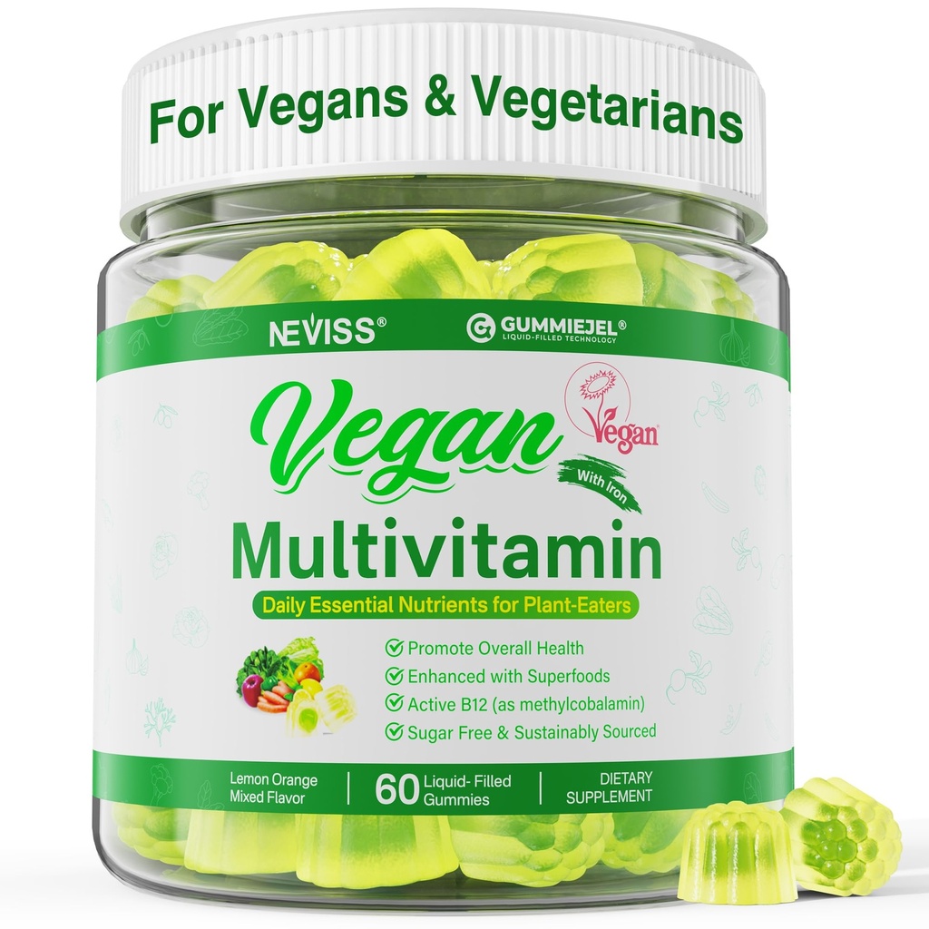 NEVISS Vegánsky multivitamín pre ženy a mužov w/metyl B12, D3 K2, rastlinný Omega 3 (DHA+EPA), železo, cholín, zinok, celodenné vitamíny vitamíny pre Vegánov a Vegetarianov, bez cukru, 60Cts