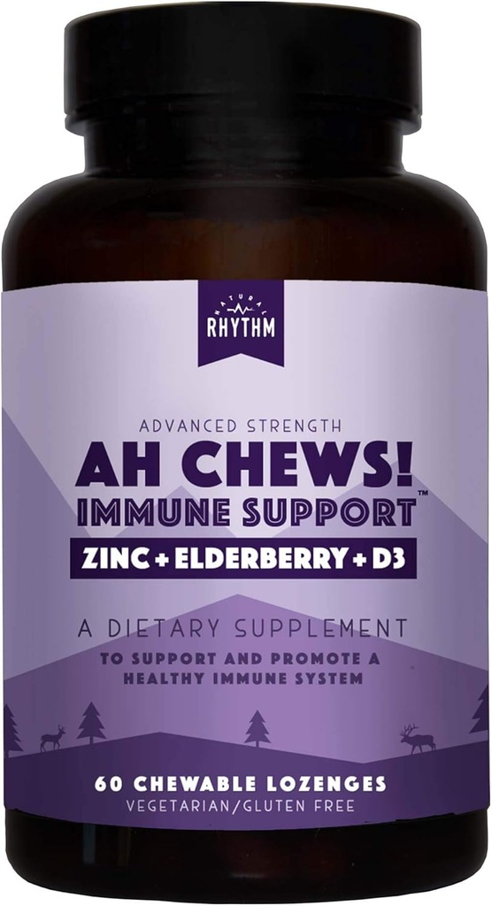 Prírodný rythm Ah Chews! Imunitný posilňovač Lozenges pre deti a dospelých, bez pridania cukru, s bazami, zinkom a vitamínom D3, 60 kapsúl